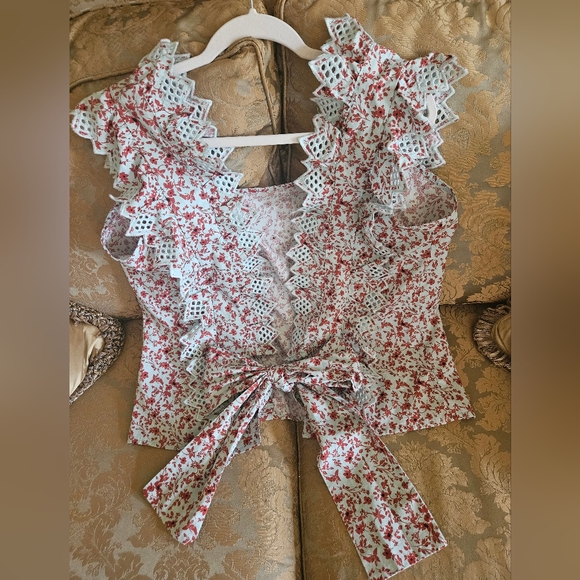 NWOT Anthropologie Blue Tassel Trina floral dark red/ mint embroidered top - Picture 3 of 14